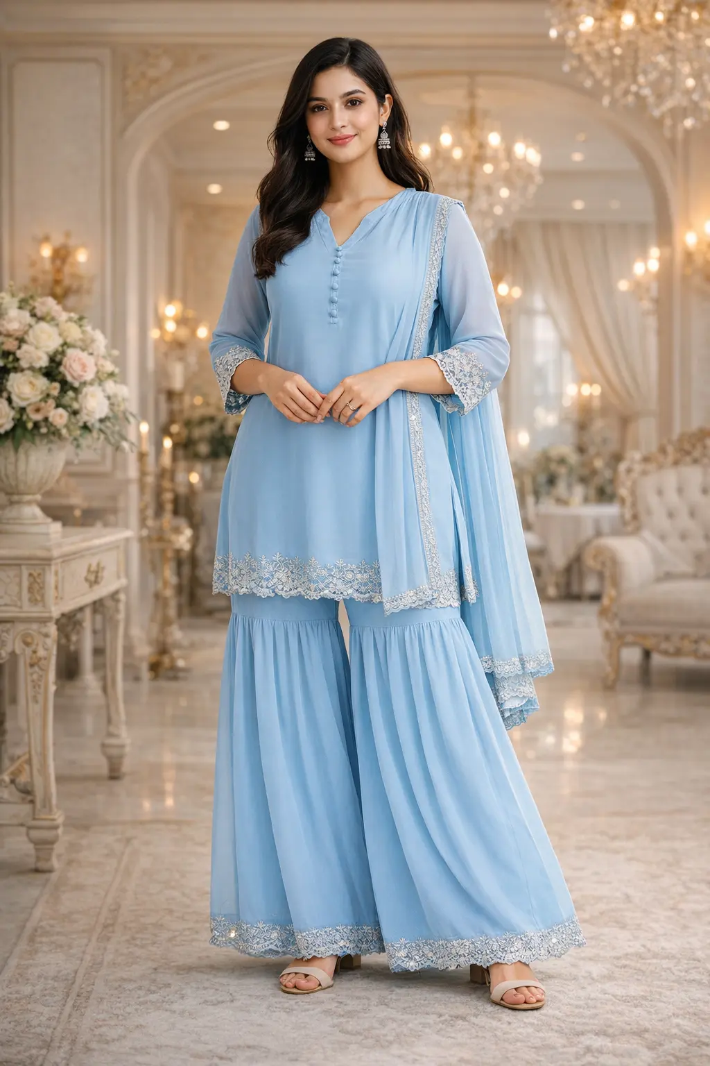 Powder blue lace trim sharara set with soft dupatta