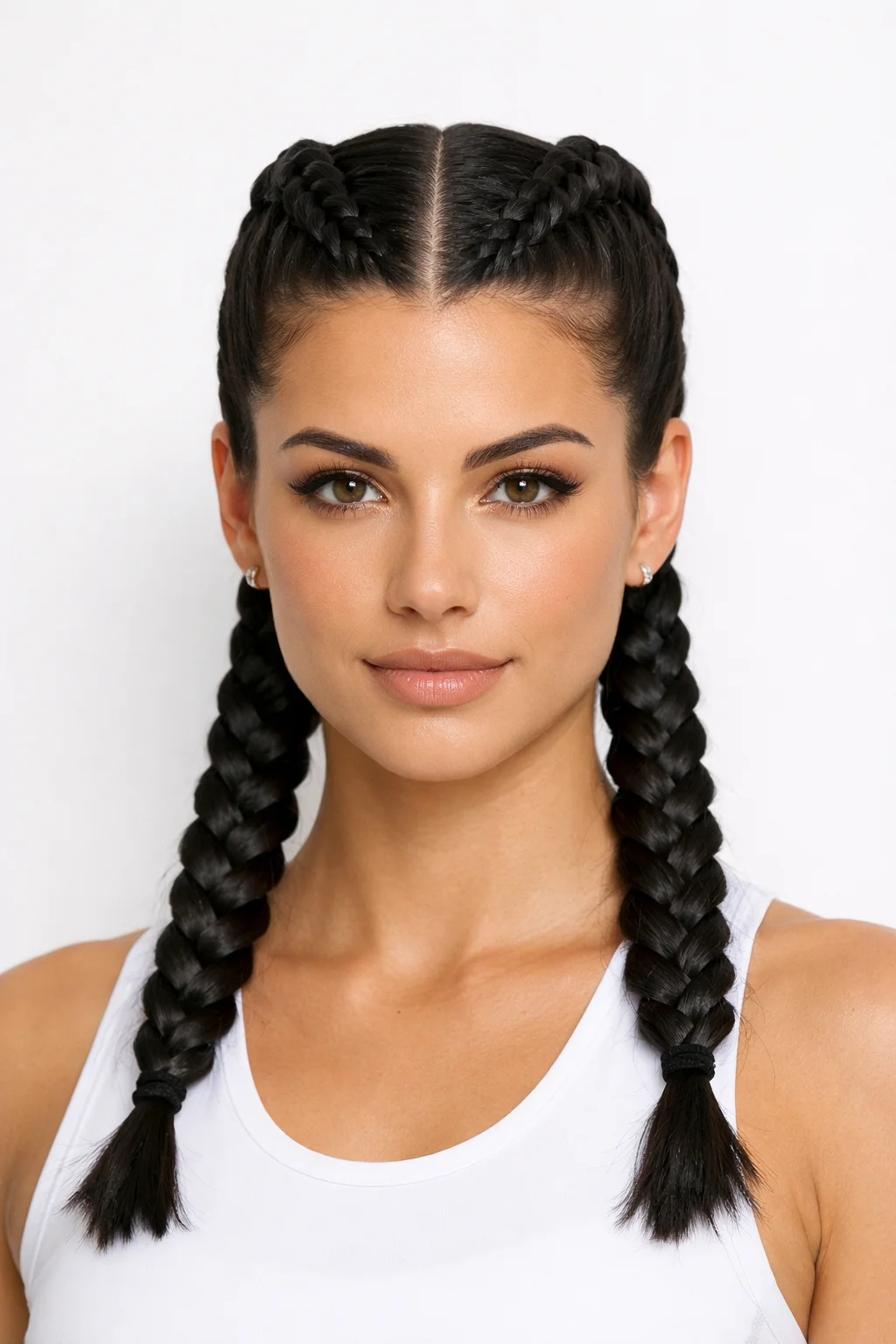 Double Dutch braids hairstyle with center part on medium hair for sporty and stylish look