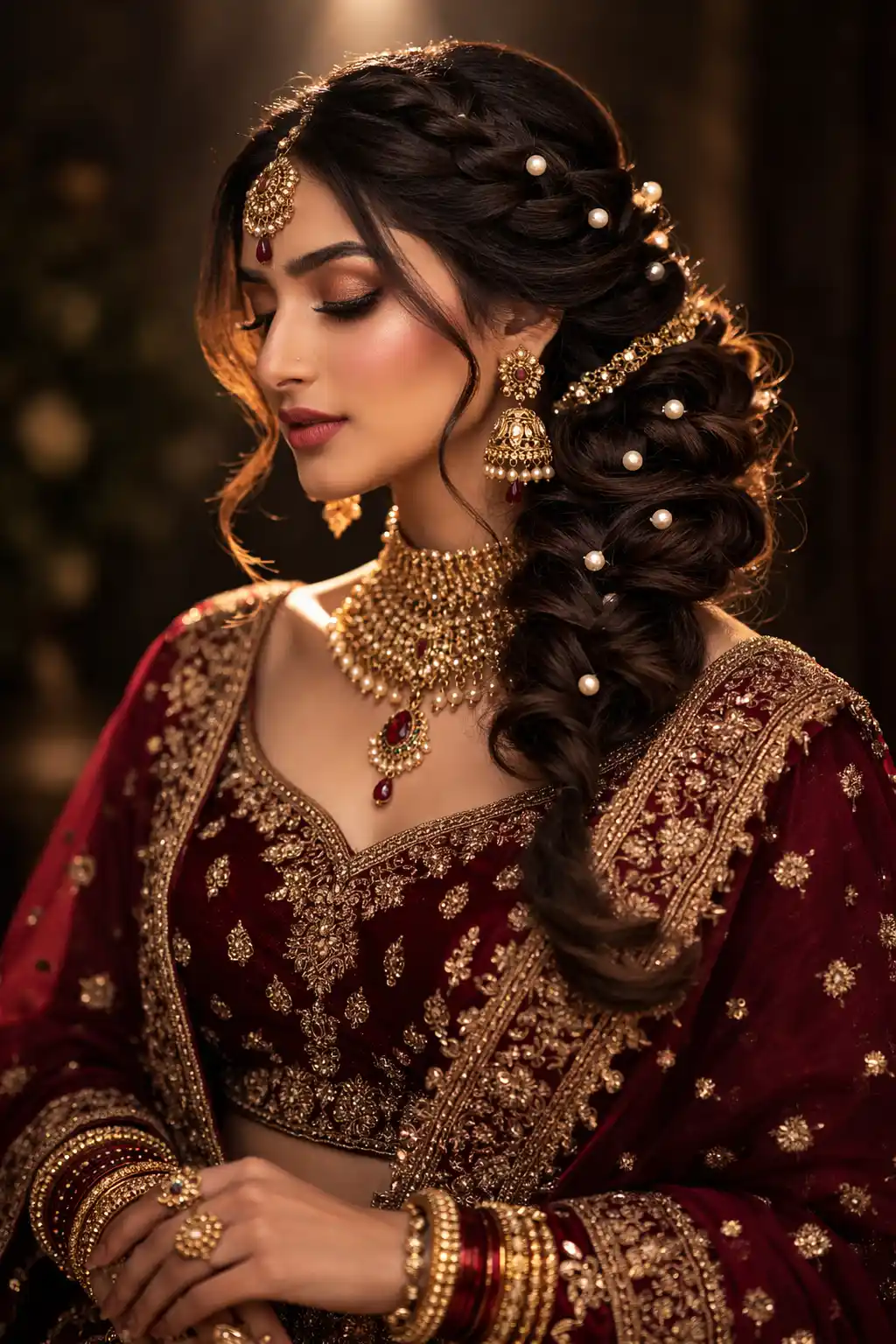 Bridal side braid hairstyle decorated with pearl accents, thick textured braid flowing over shoulder, softly blended crown, and traditional wedding jewelry styling
