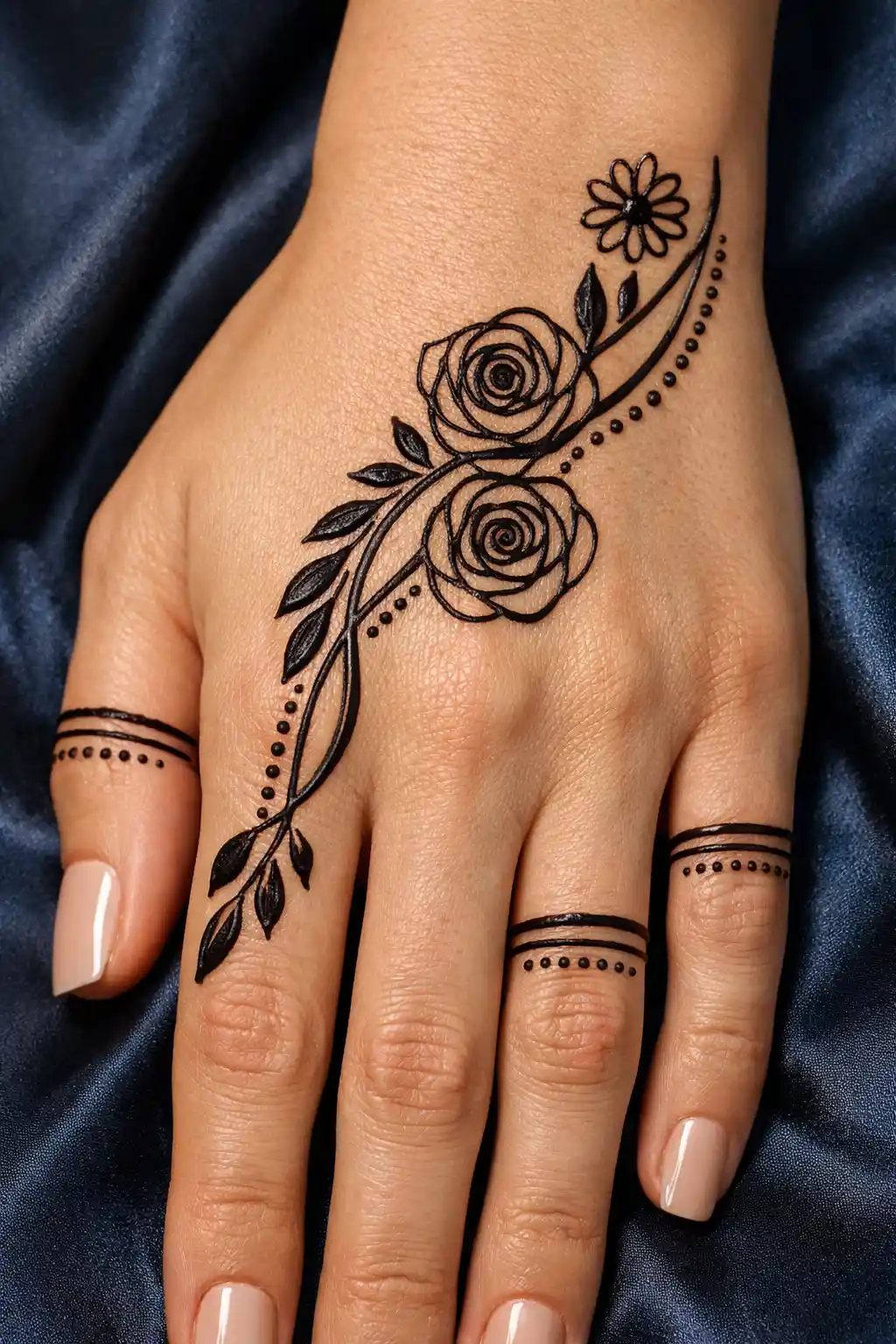 Bold rose back hand mehndi design with leafy diagonal vine and finger bands