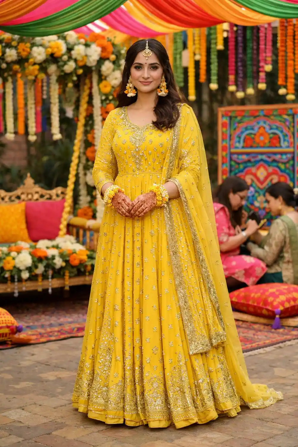 Sunshine yellow anarkali bridal mehndi dress for Pakistani wedding