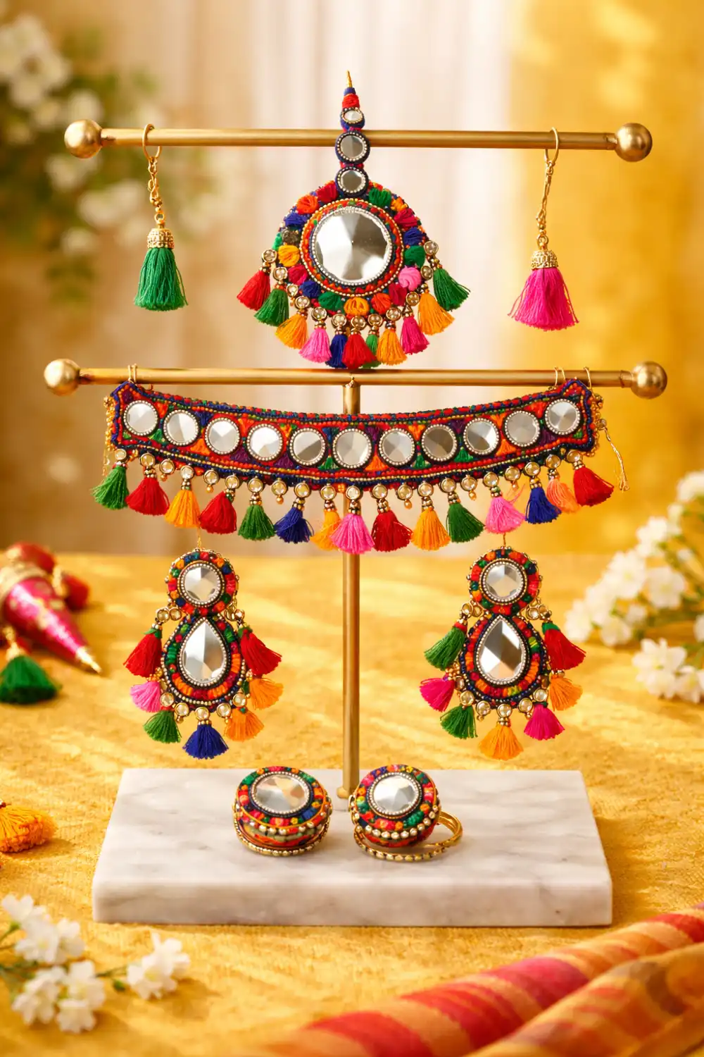 Multicolor mirror tassel bridal mehndi jewelry set displayed on gold jewelry stand