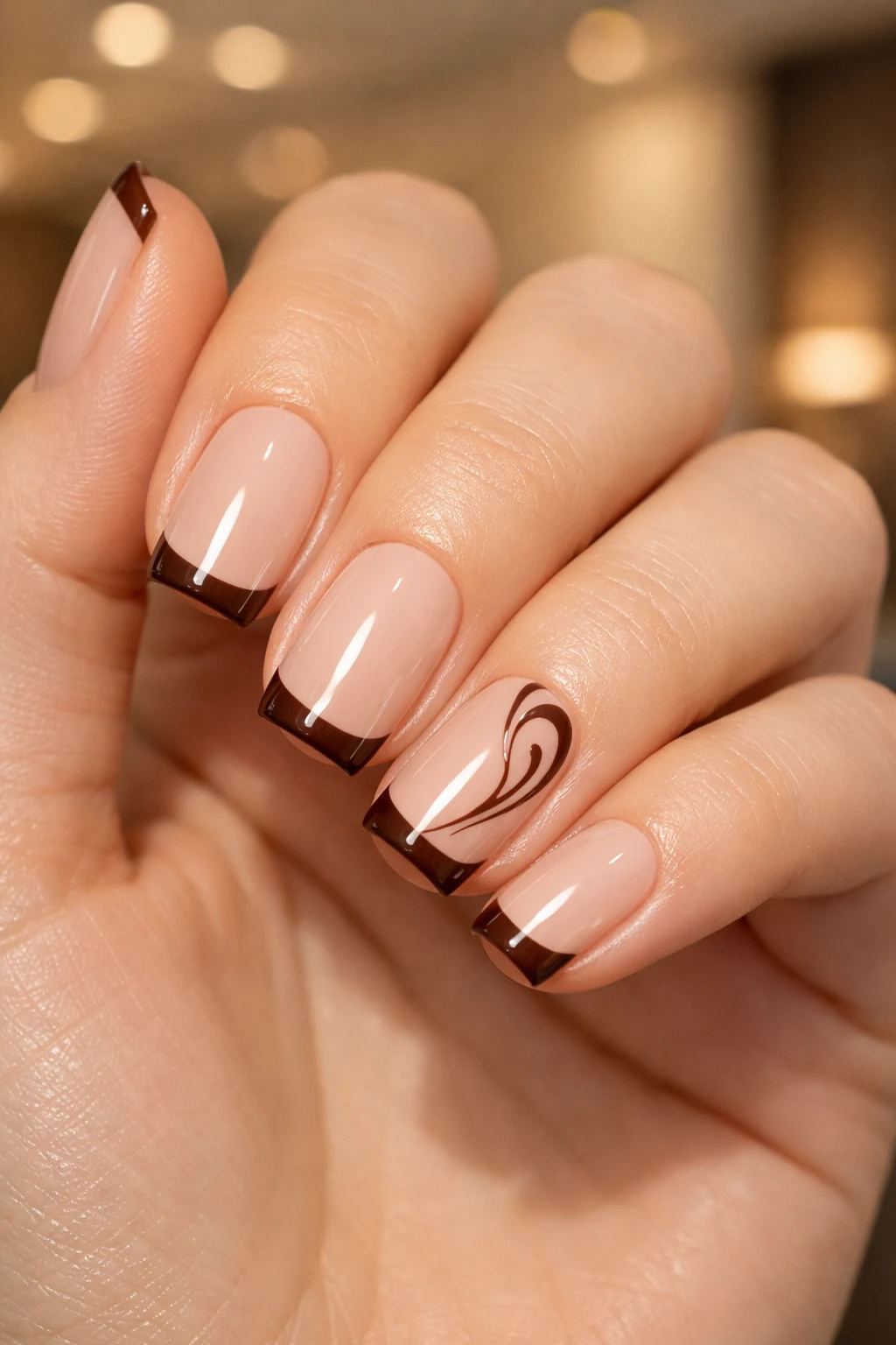 Nude manicure with chocolate brown French tips classy minimal nail design for chic summer looks