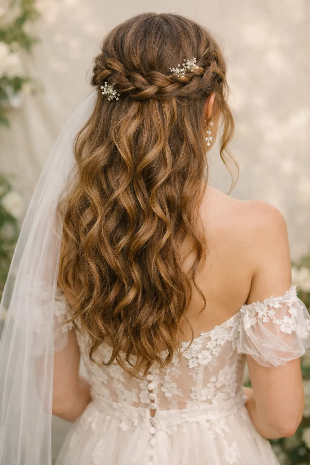 boho braided half up half down wedding hairstyle with baby breath