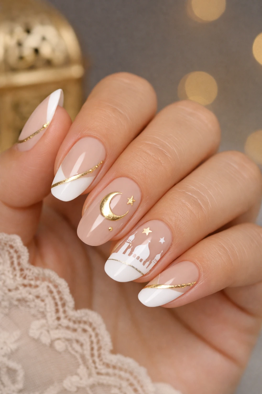eid french tip gel nails with gold moon and star, classy nude and white festive manicure, elegant pakistani eid nails