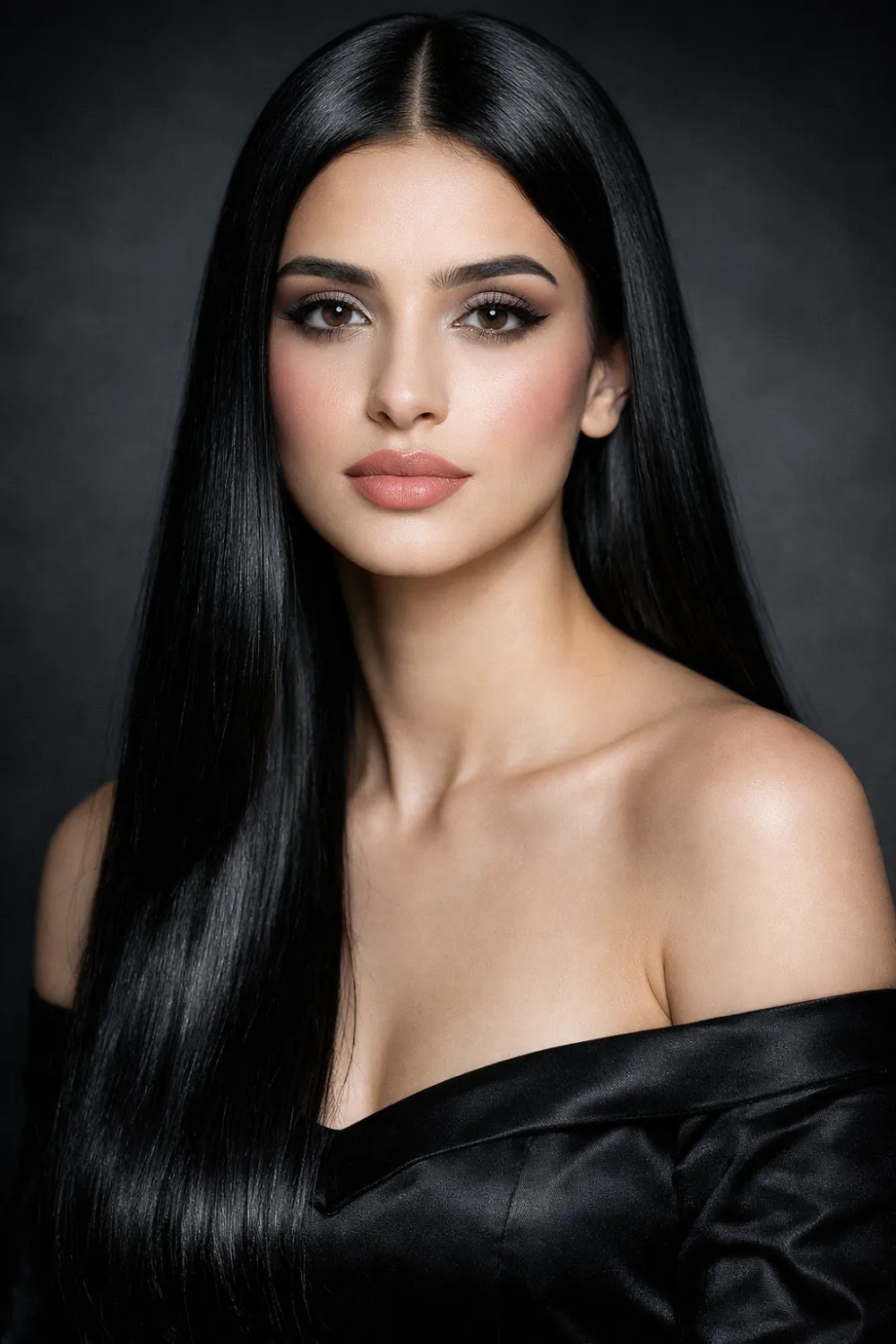 jet black hair color sleek straight Pakistani model glass hair smooth finish
