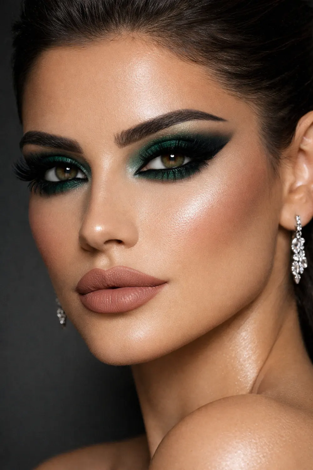 Emerald green full glam makeup with bold metallic green eyeshadow, dramatic lashes, sharp winged eyeliner, sculpted matte base, glowing cheeks, and nude lips for festive glam