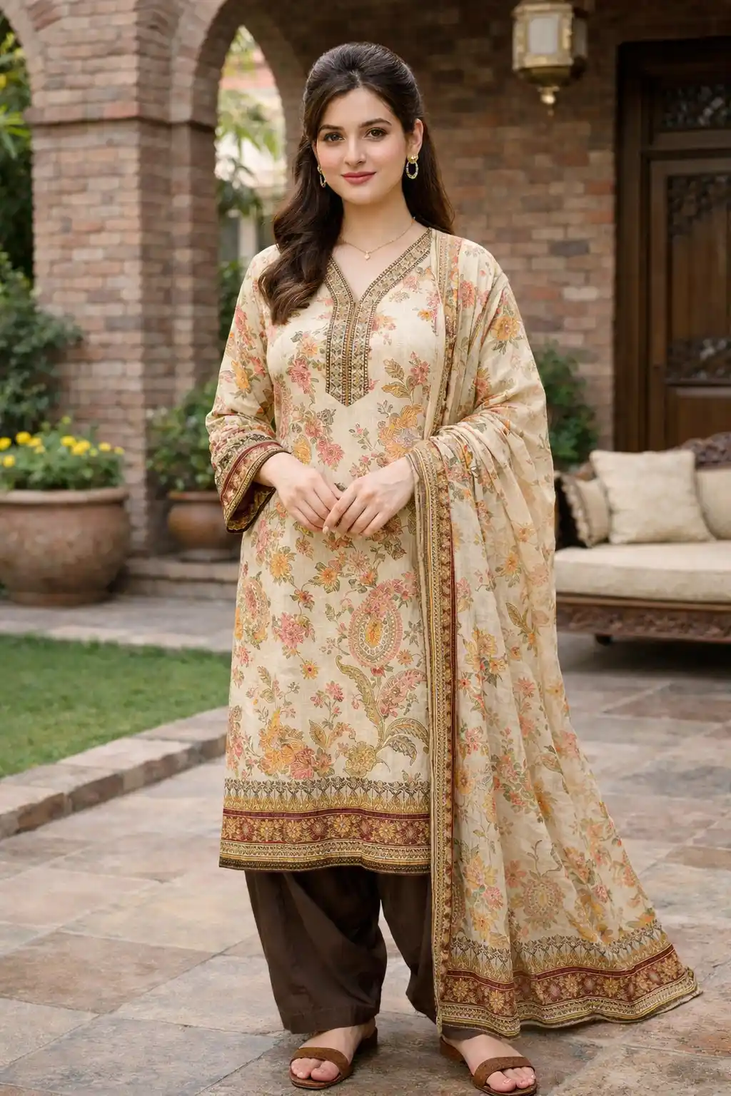 Beige floral printed lawn suit with brown dupatta traditional comfortable Eid outfit for girls