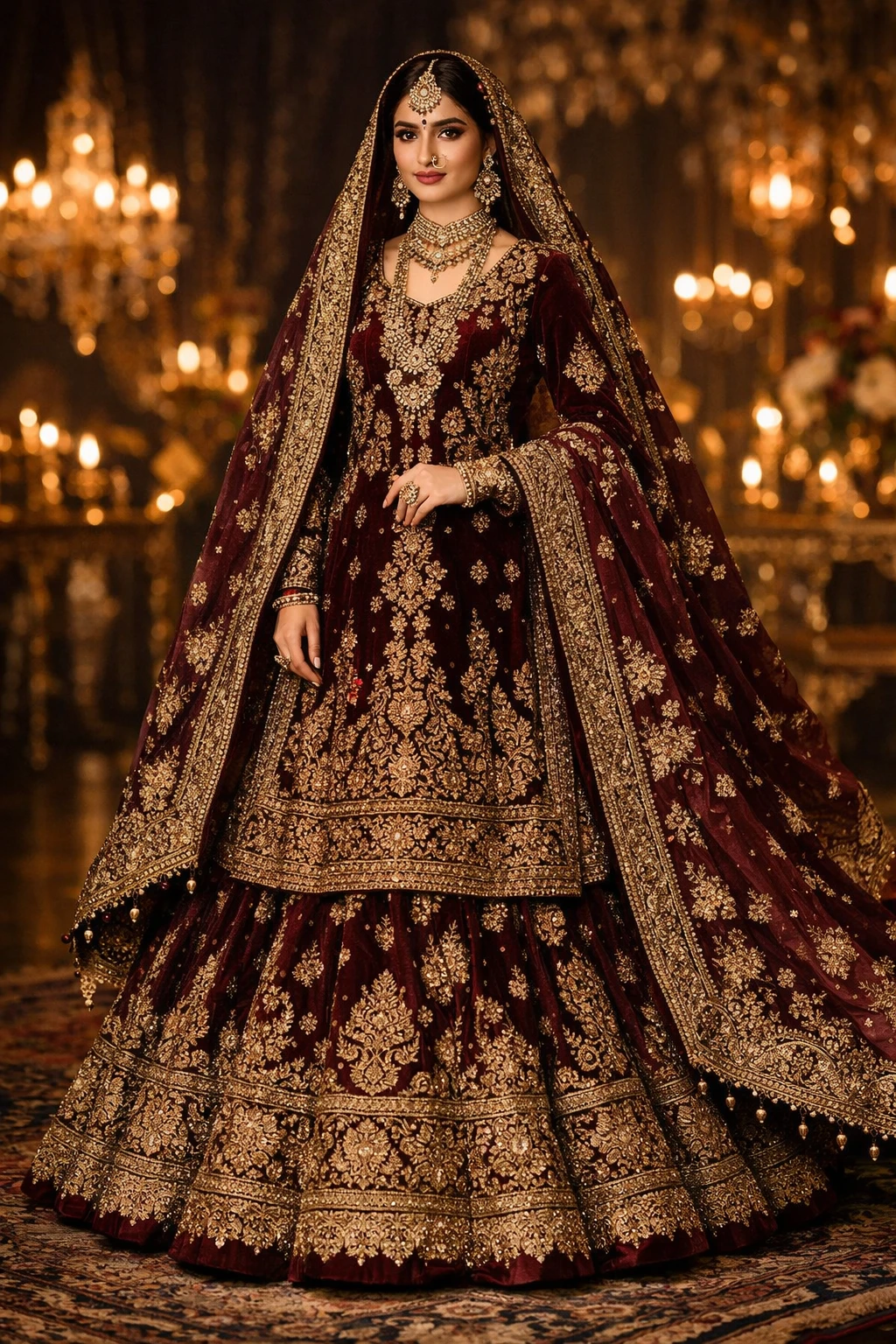 maroon velvet bridal lehenga heavy gold embroidery long dupatta grand indoor palace wedding look