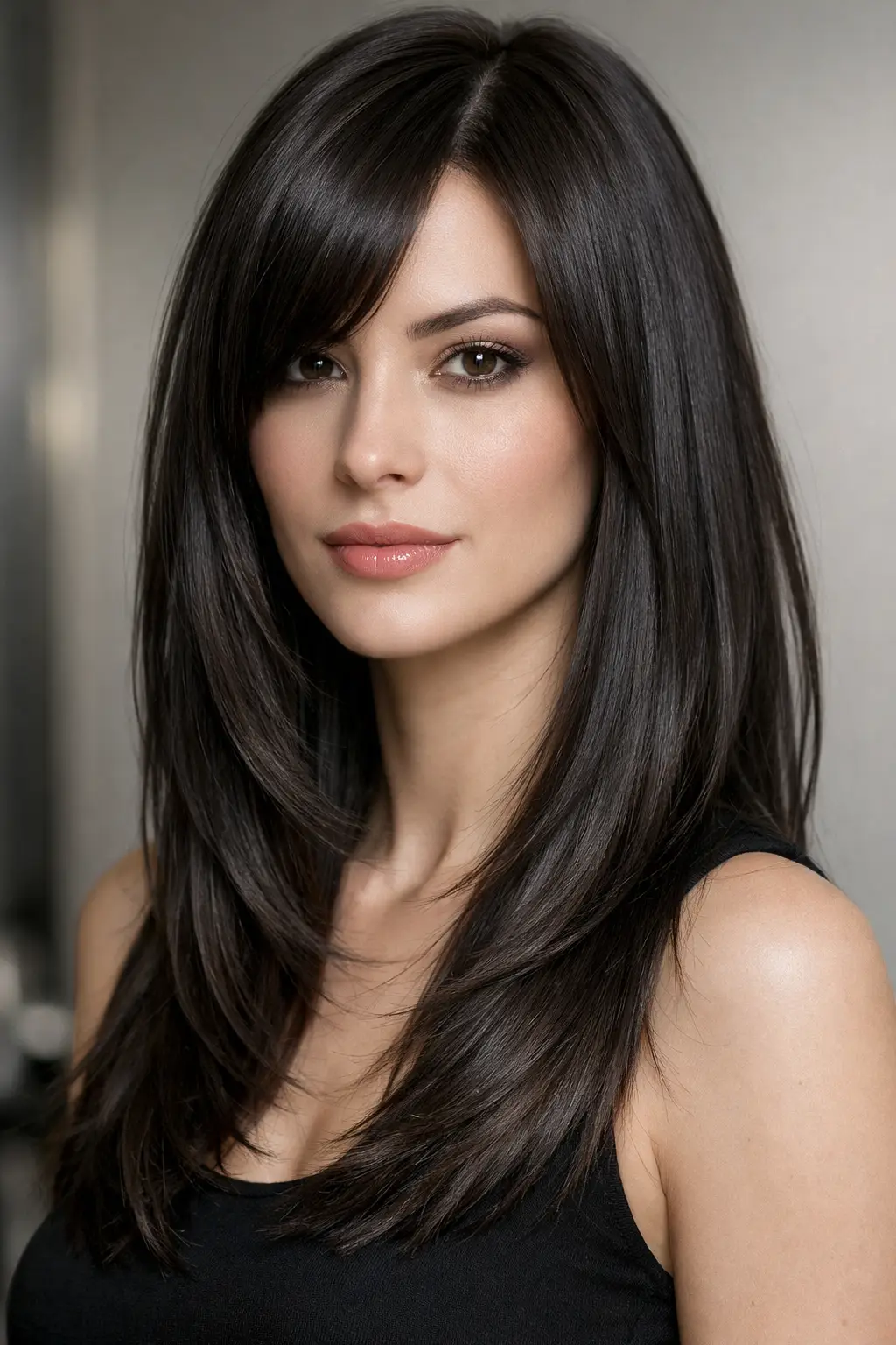 Deep espresso brown dark glossy straight hair color dramatic sleek finish