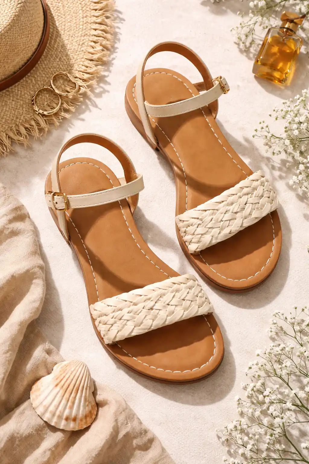 Braided strap flat girls sandal in neutral tone for summer and beach outfits