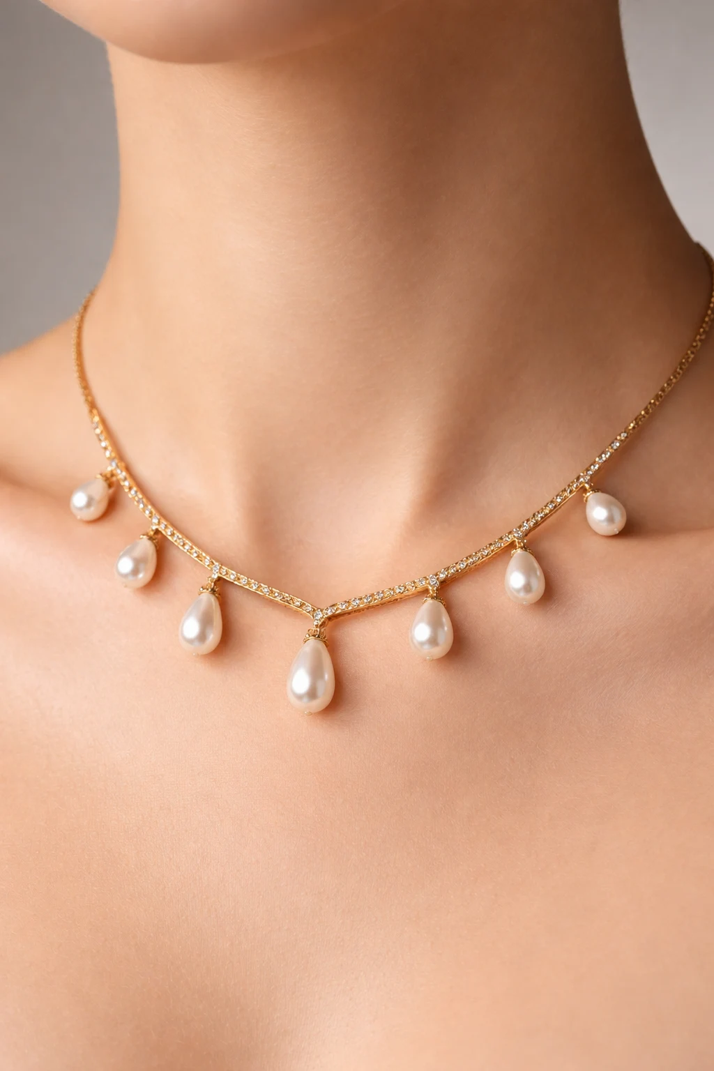 Elegant gold necklace design with pearl drop charms and fine detailing
