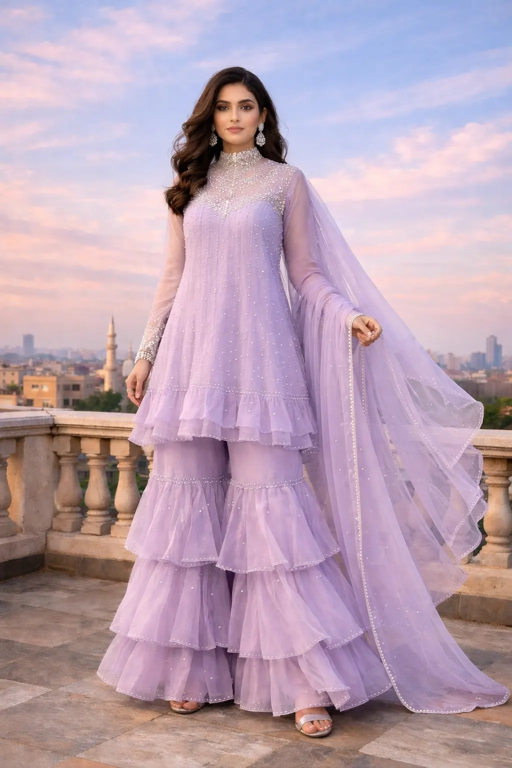 Lavender layered ruffle sharara set with embellished bodice