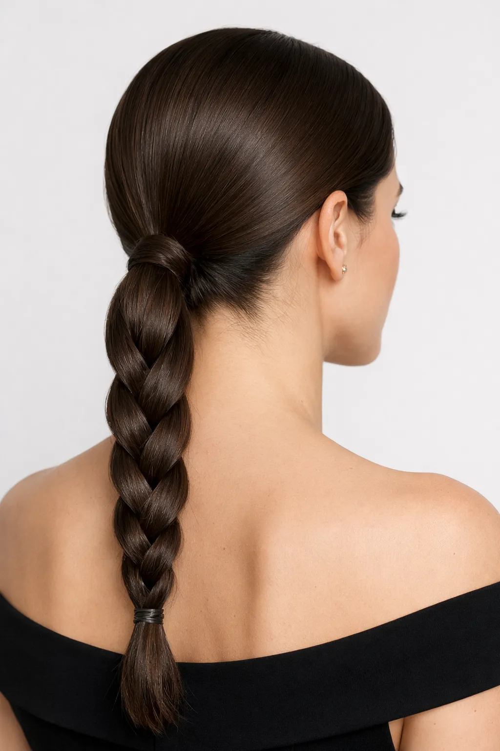 Sleek low braided ponytail hairstyle on medium hair for modern formal style