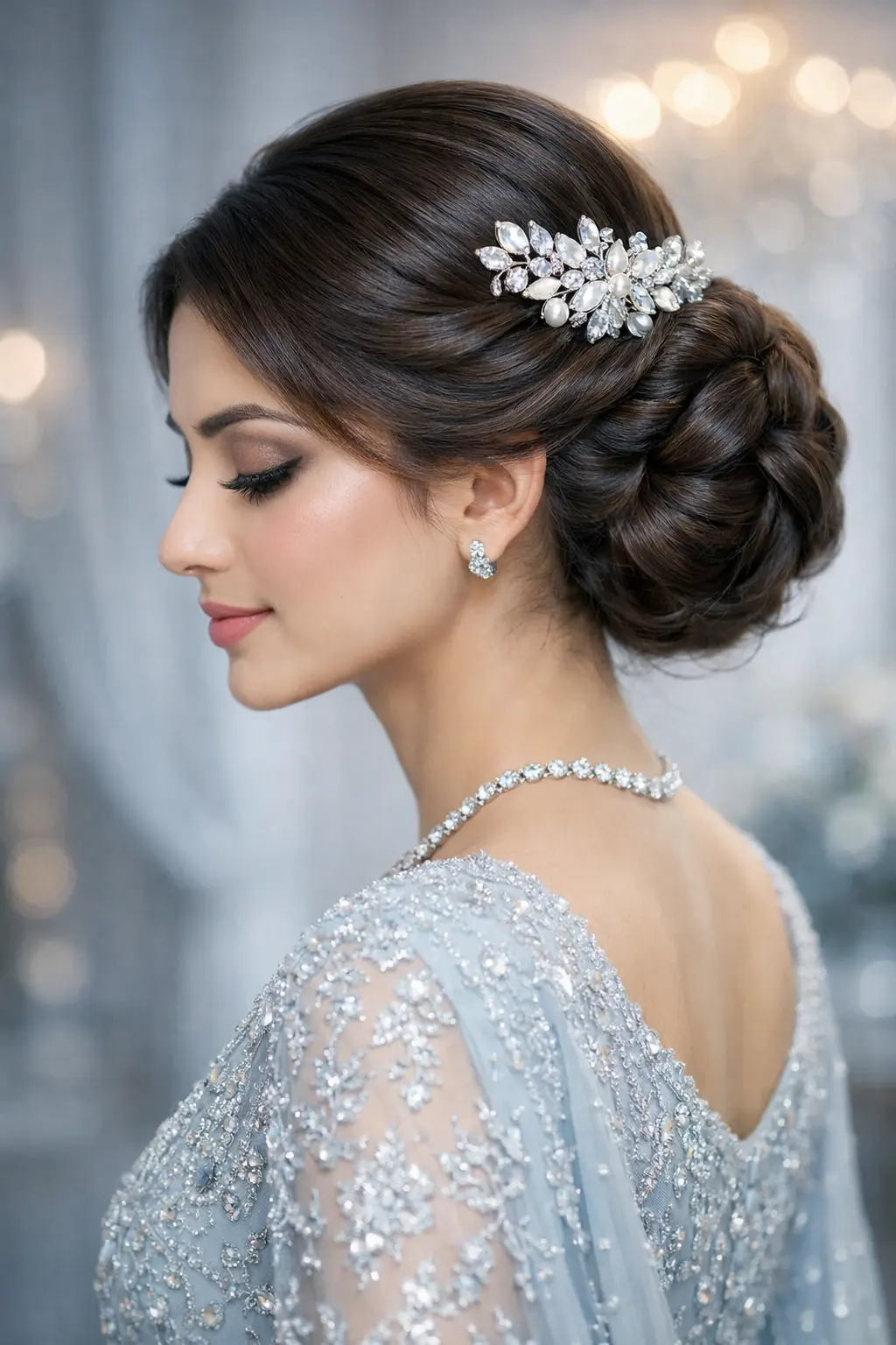 Low bridal bun hairstyle with soft texture, neatly gathered hair at nape, subtle side volume, and delicate hair accessory placed above bun