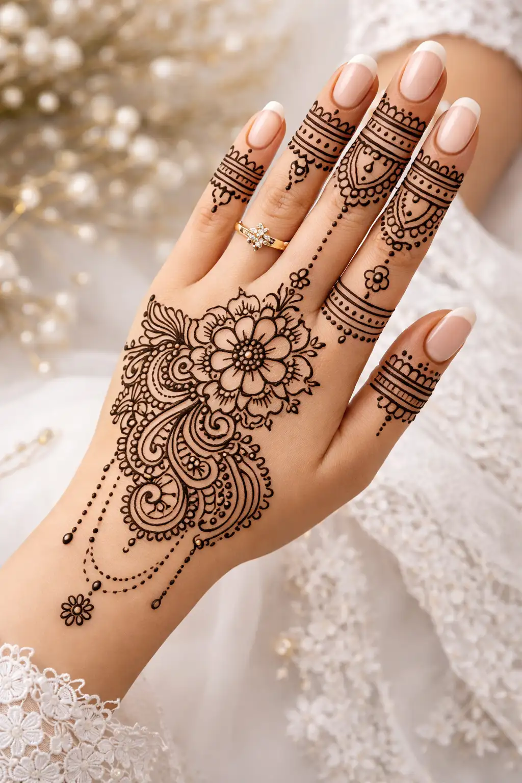 Heavy bridal back hand mehndi design with paisley motifs and full finger detailing