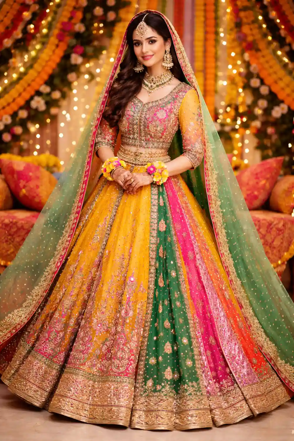Multicolor heavy bridal mehndi dress lehenga with vibrant panels