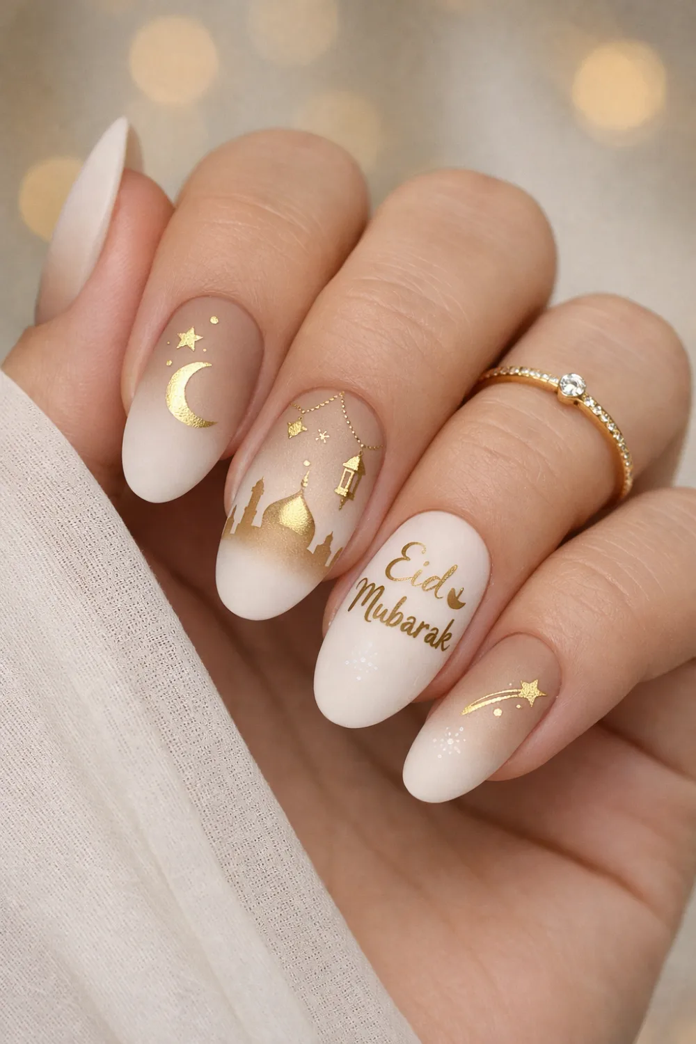 eid mubarak gel nails with gold mosque art, festive white and nude manicure, pakistani themed eid nail design