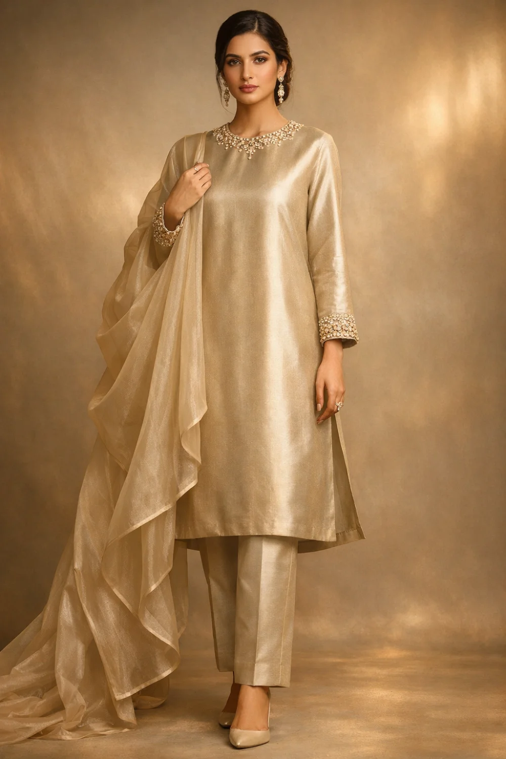 Champagne gold minimalist Eid suit for women with satin finish and sheer dupatta, elegant Pakistani festive outfit