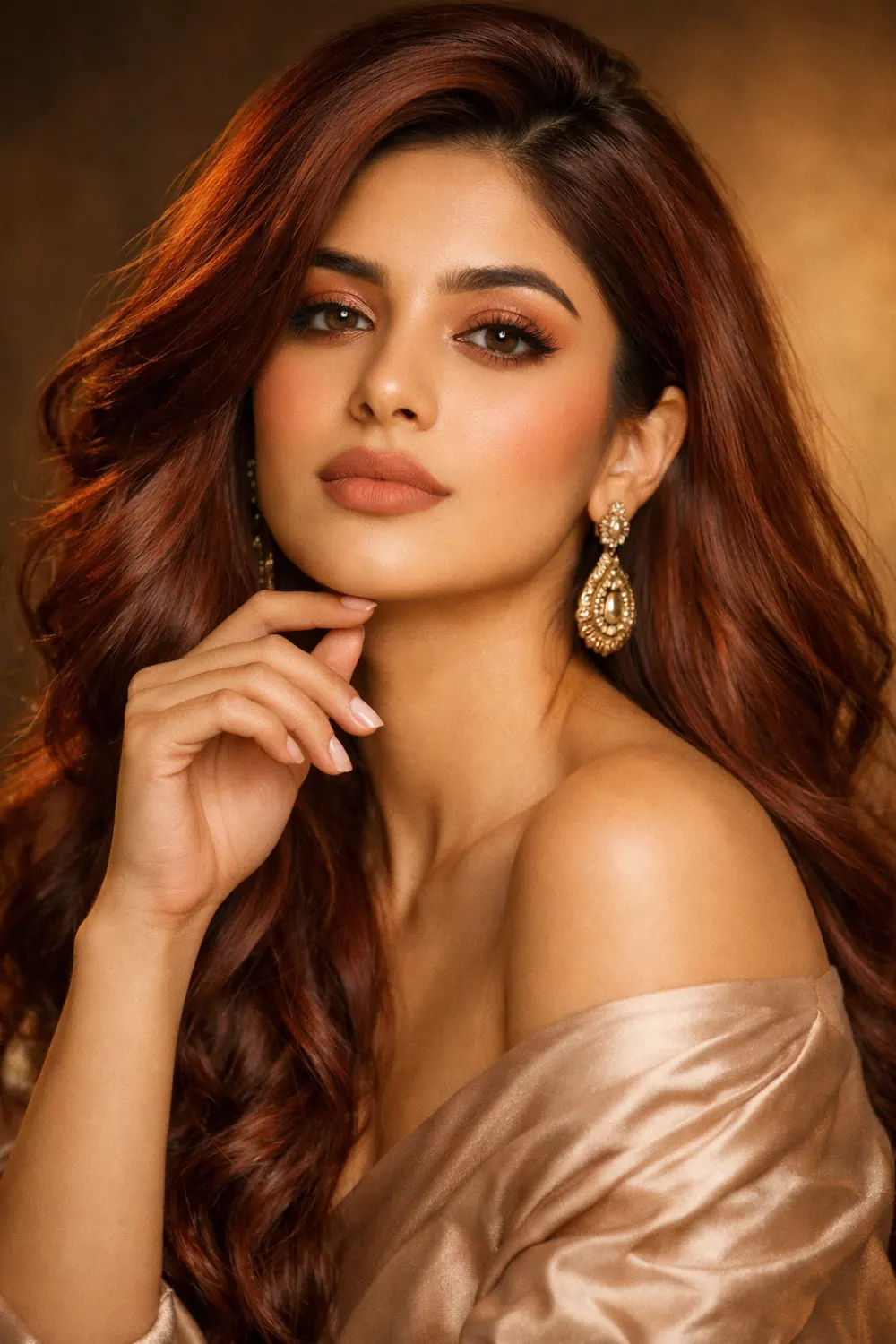 auburn brown hair color warm brunette Pakistani model soft glossy waves