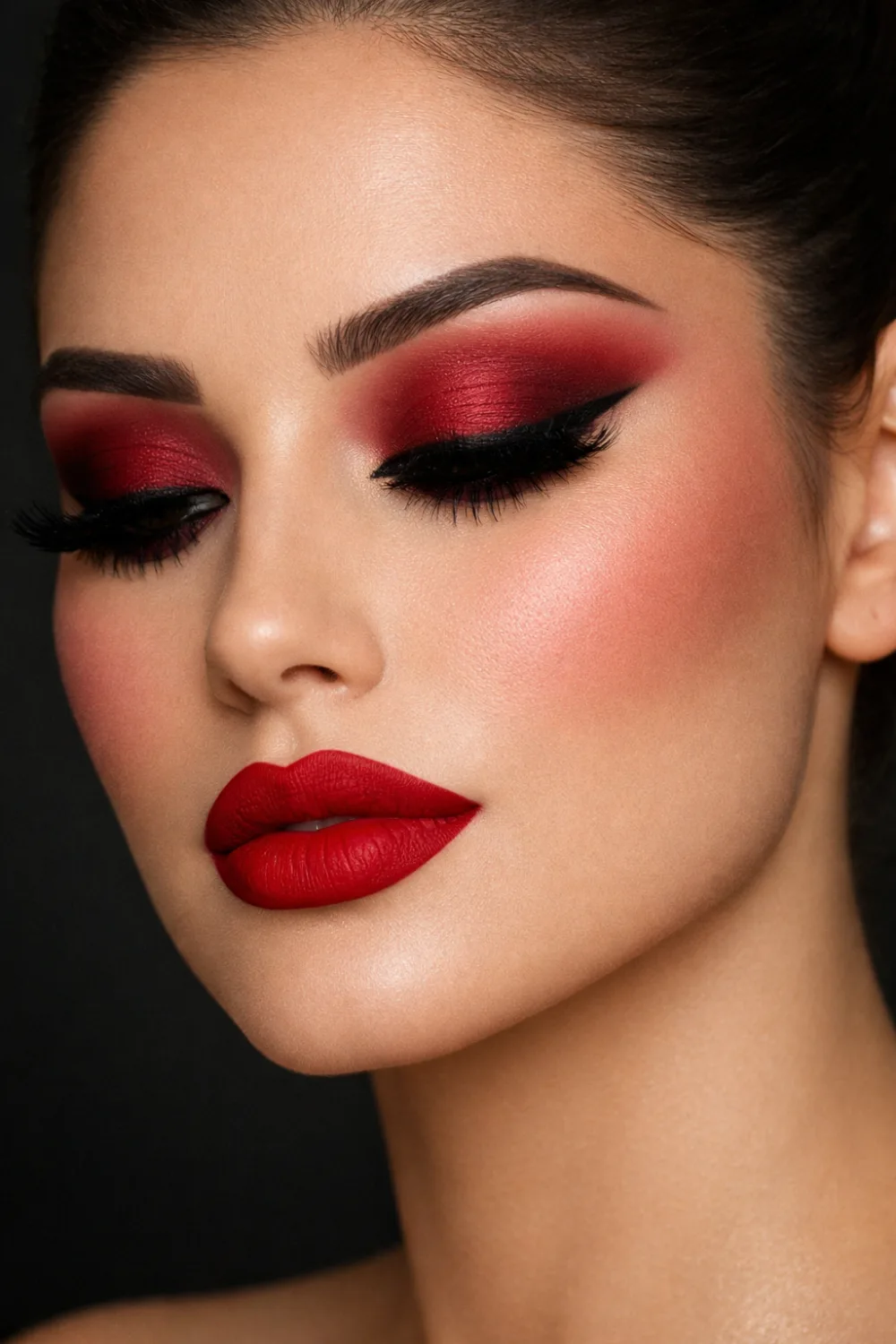 Ruby red full glam makeup look with bold red lipstick, dramatic eye makeup, thick false lashes, precise wing liner, sculpted matte skin, and high glam party finish
