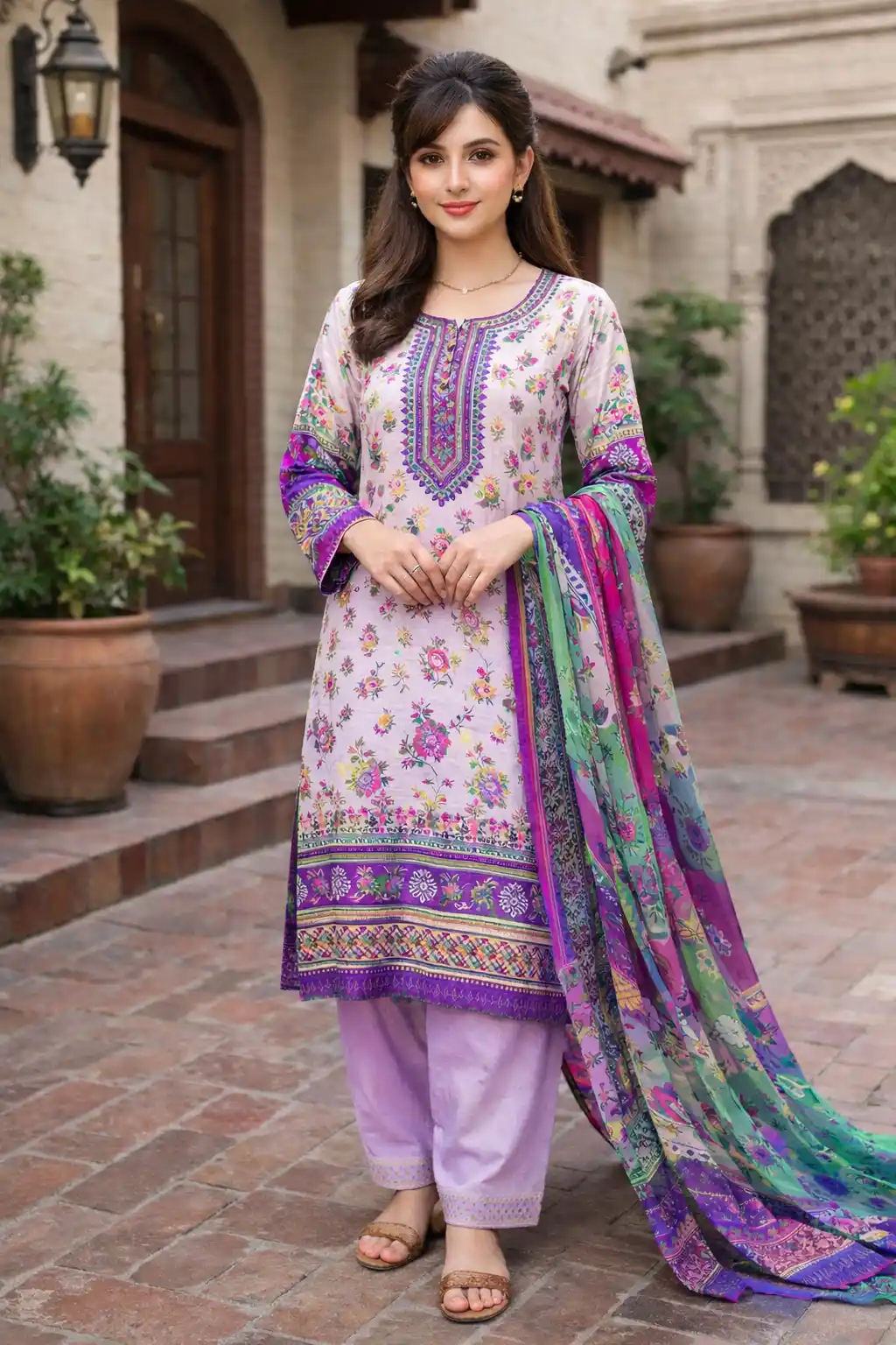 Lavender floral printed kurta set with colorful dupatta bright festive Eid outfit for girls
