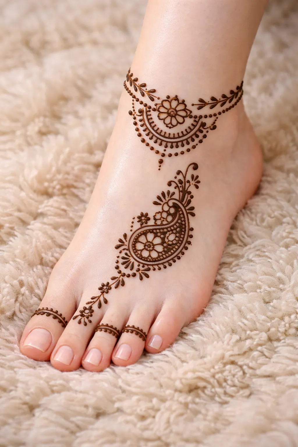 Simple paisley foot mehndi design with light floral details