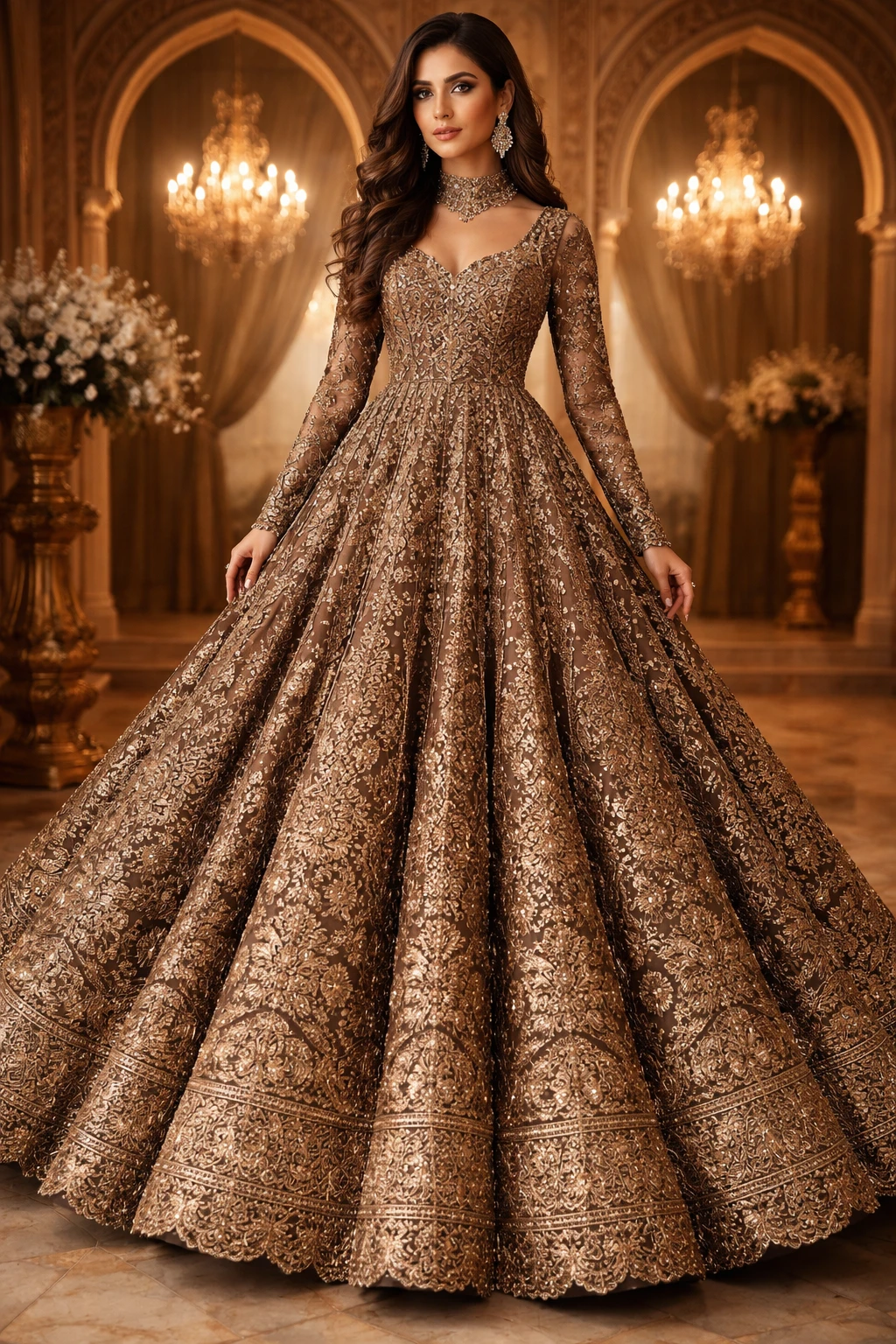 antique gold bridal lehenga gown full flare designer couture long sleeves luxury reception dress