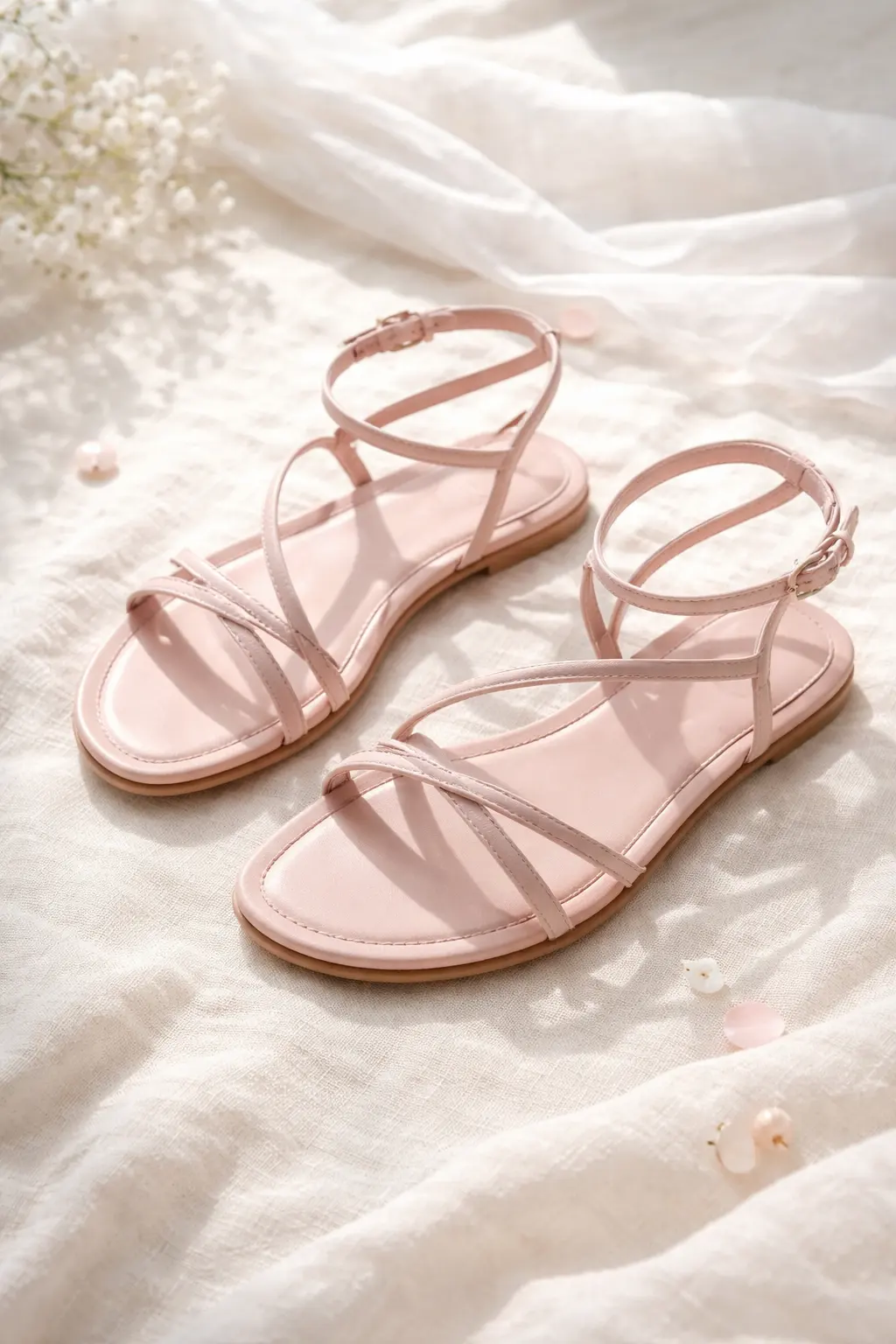 Soft pink strappy flat girls sandal with ankle strap and minimal design