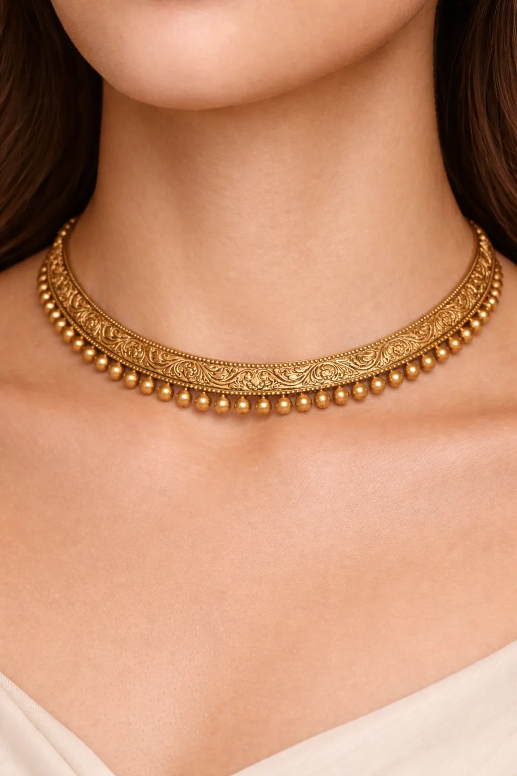 Traditional engraved gold choker necklace design with bead accents