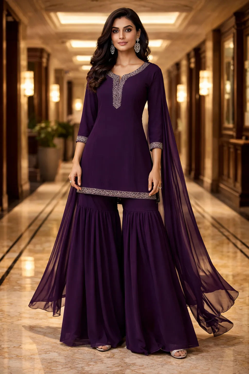 Royal purple embellished sharara set with sheer dupatta