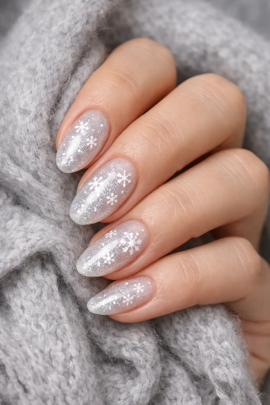 White snowflake blooming gel nail art with silver shimmer winter manicure