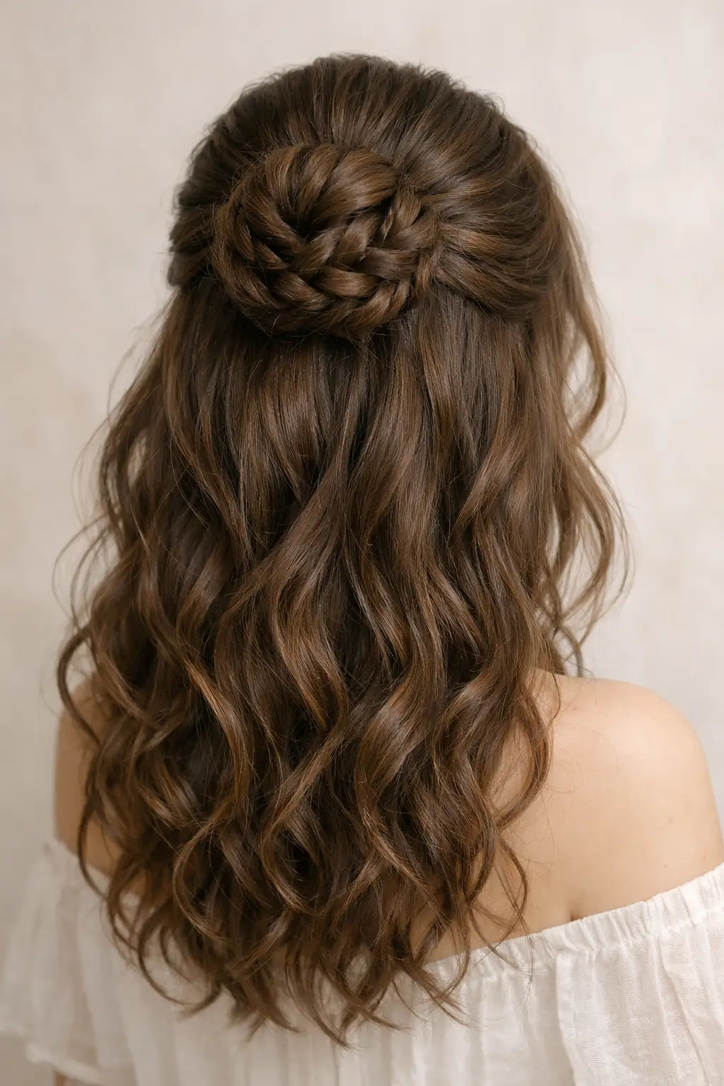 Half up braided bun hairstyle with loose waves on medium length hair for wedding guest look