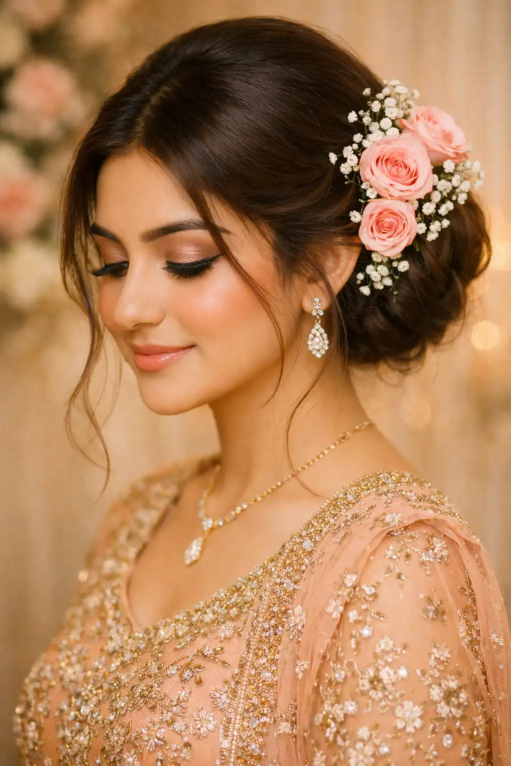 Bridal low bun decorated with fresh roses and baby breath flowers, softly pinned back hair, natural face framing strands, and romantic wedding styling