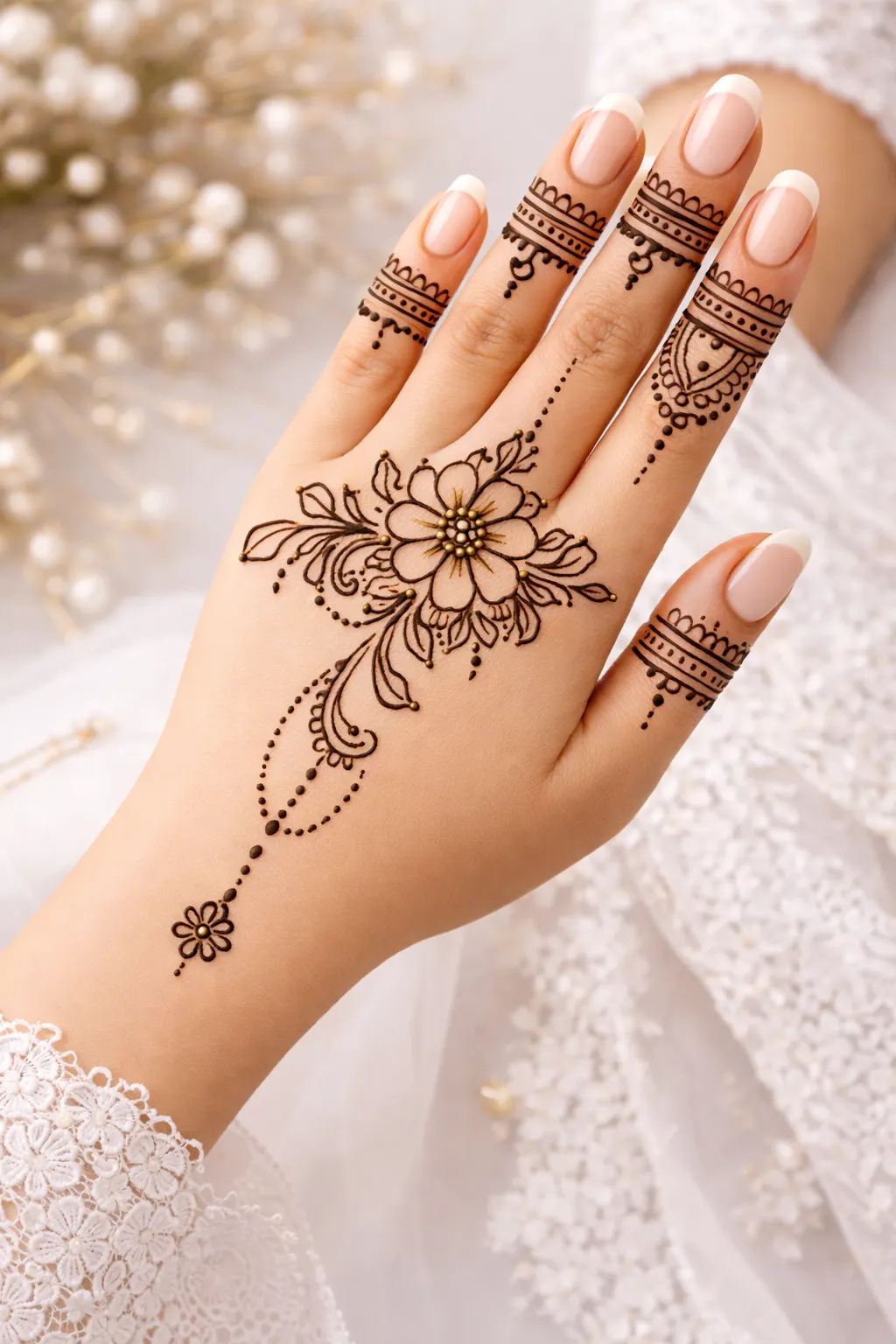 Elegant floral drop back hand mehndi design with dotted chain and soft swirls