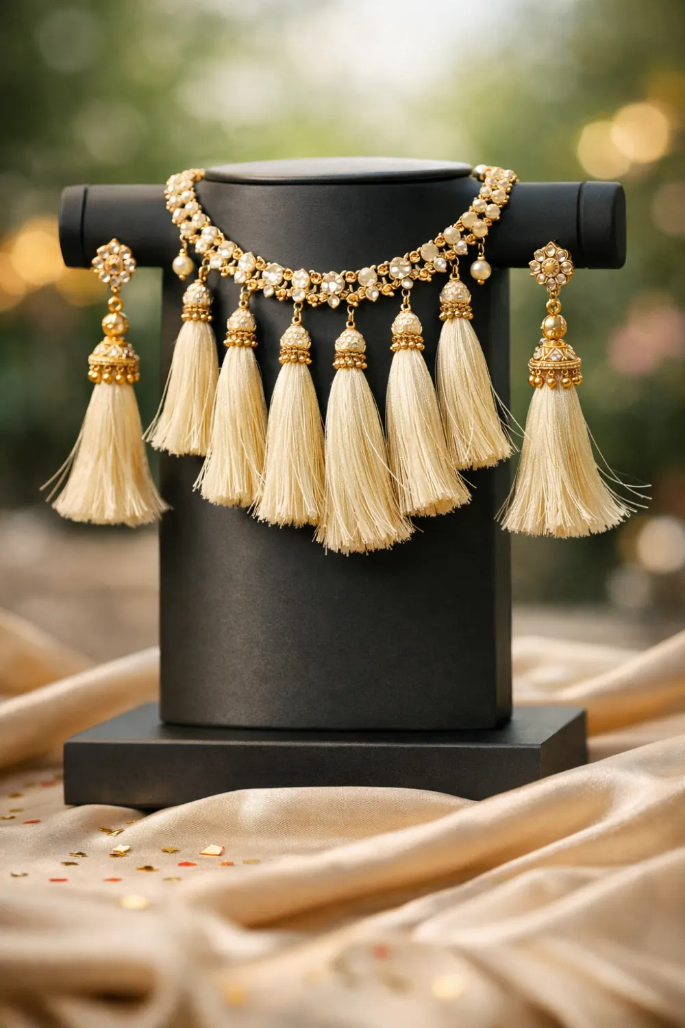 Ivory tassel bridal mehndi jewelry set with gold accents on modern display stand