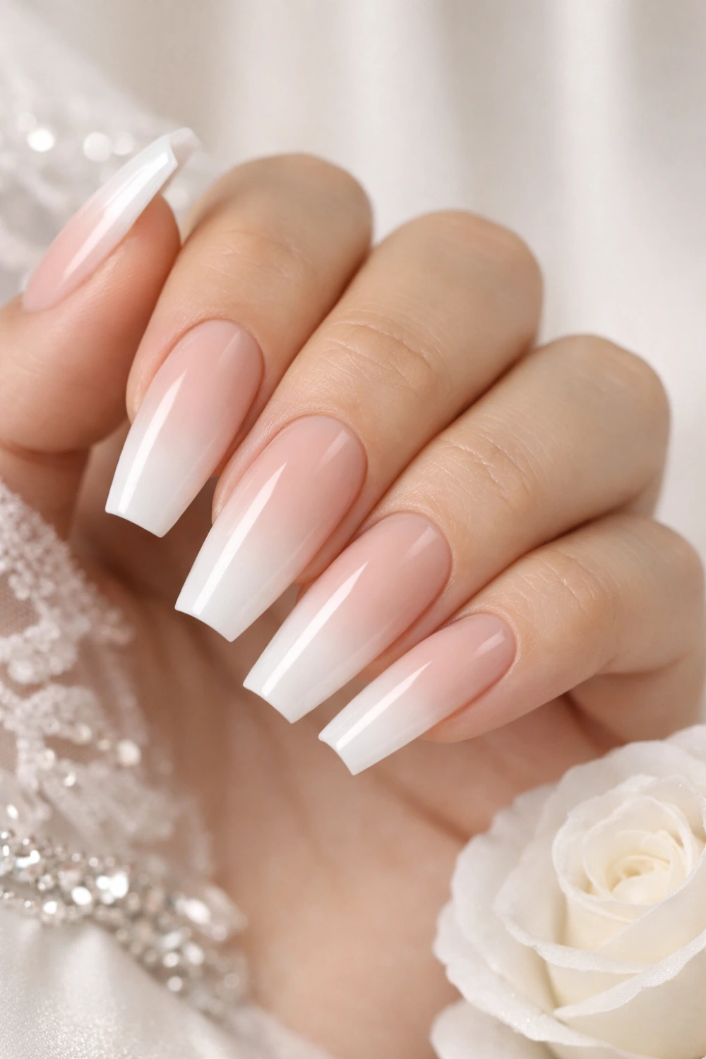 nude to white ombre coffin nails bridal formal manicure elegant gradient nail design