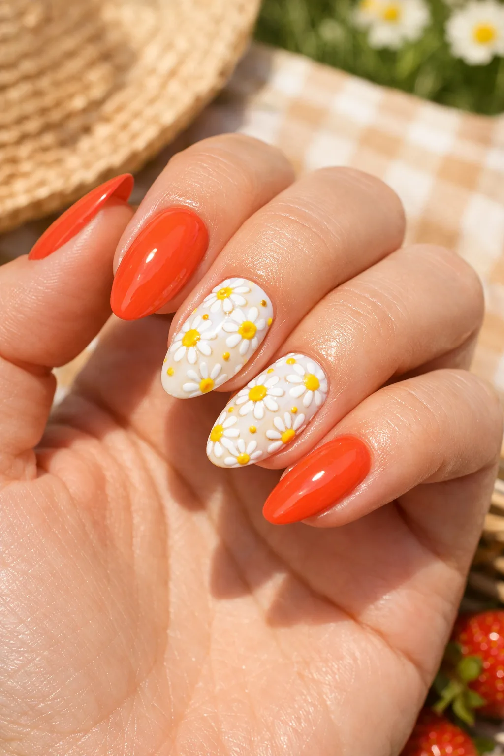 Bright coral nails with white daisy flower nail art cute floral summer manicure design