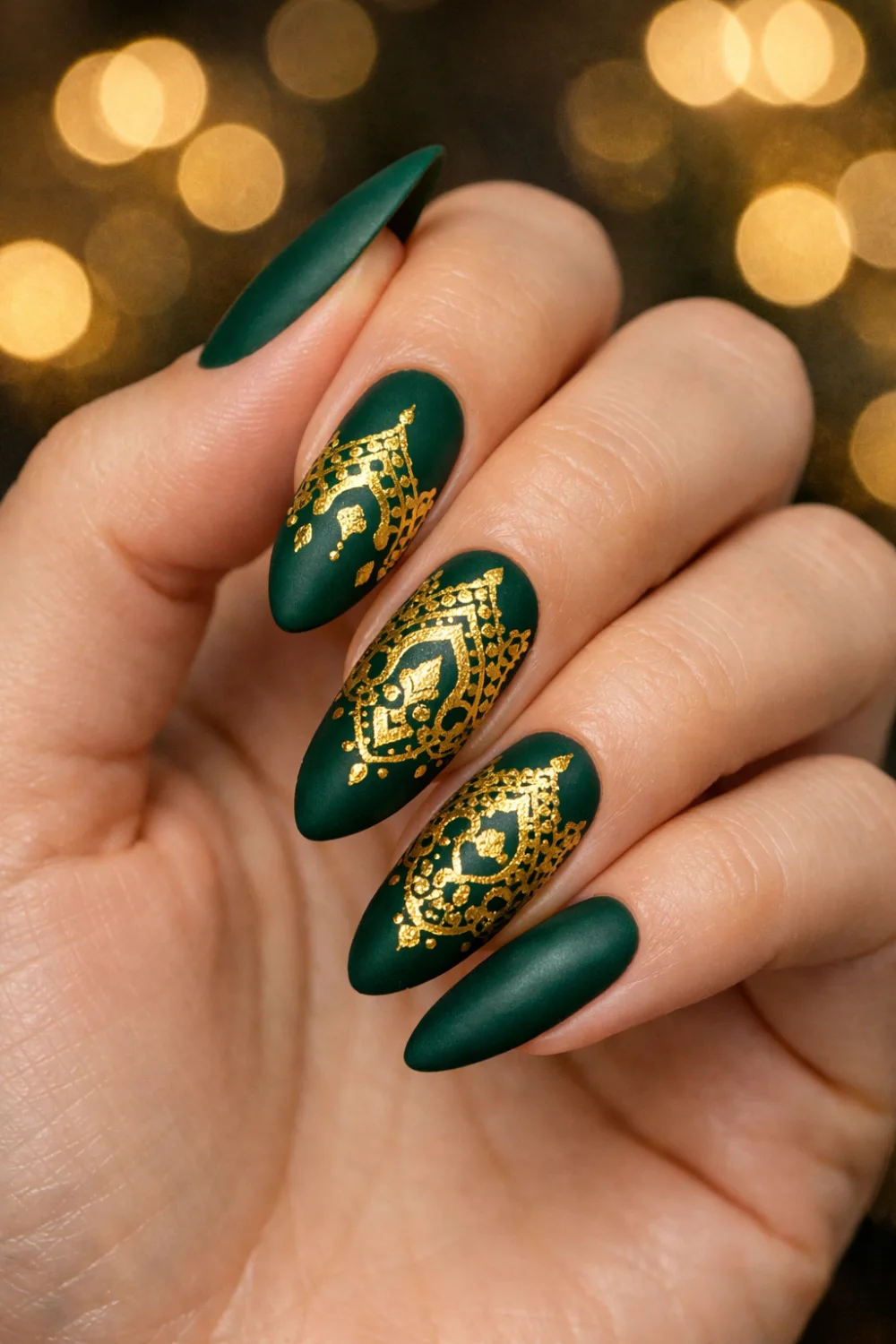 emerald green matte mehndi gel nails for eid, dark green festive manicure with gold henna pattern, pakistani eid nails