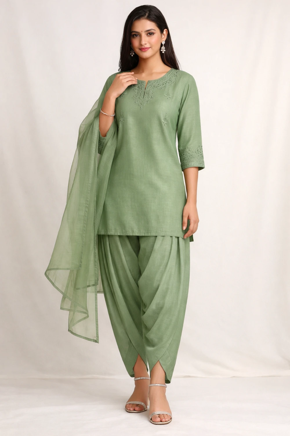 Sage green modern Eid kurta set with draped pants and light dupatta, comfortable Pakistani festive outfit for women