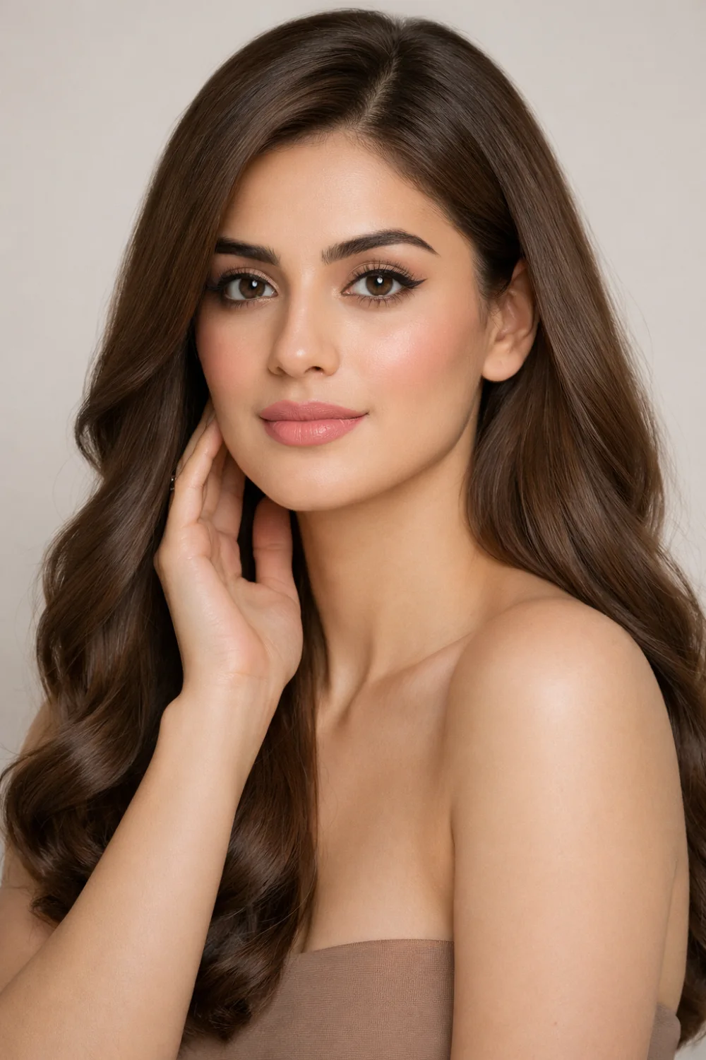 soft chestnut brown hair color natural glossy Pakistani model long healthy waves