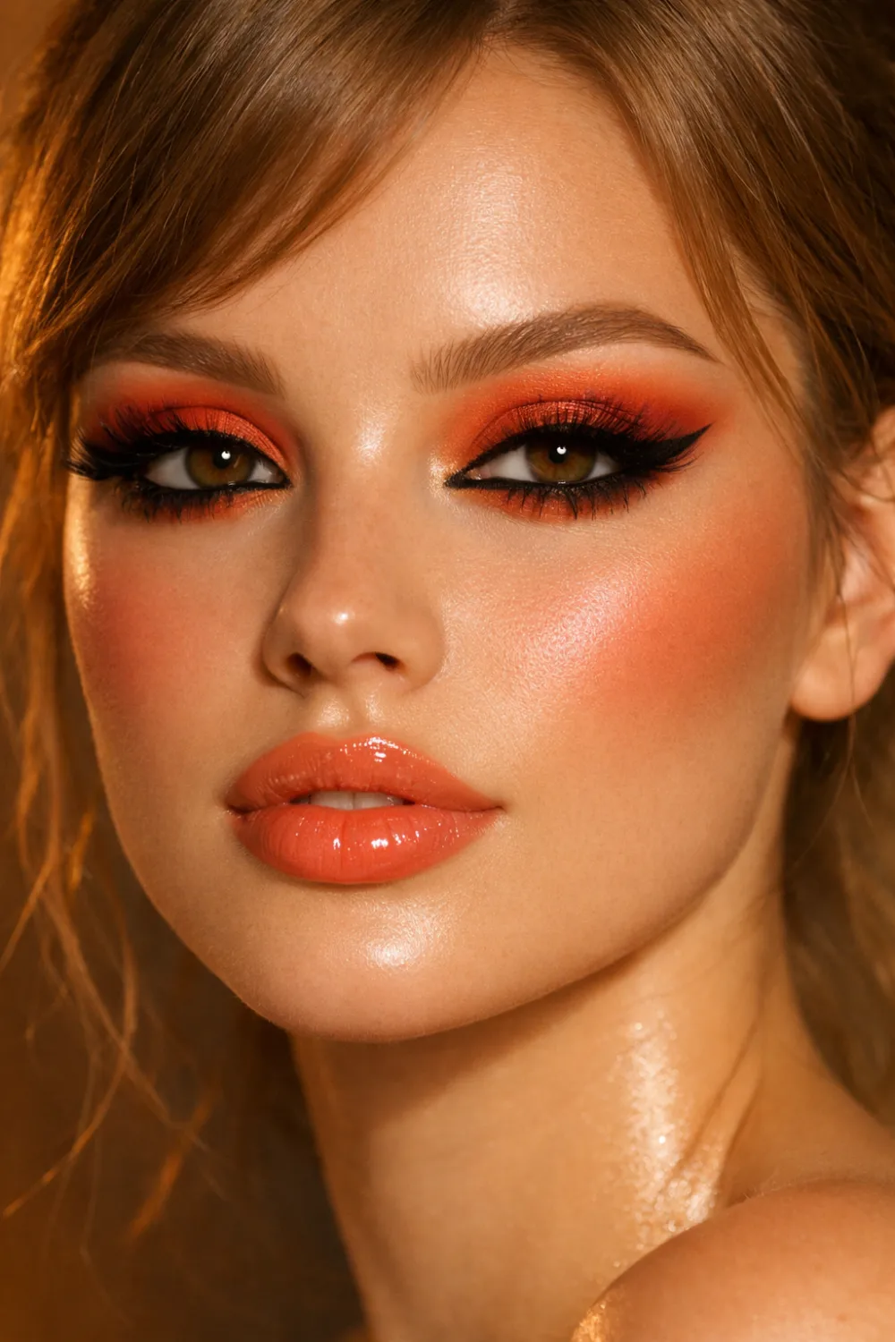 Sunset coral full glam makeup look with warm coral eyeshadow, fluttery lashes, winged eyeliner, matte full coverage skin, peach blush, and glossy coral lips for summer glam