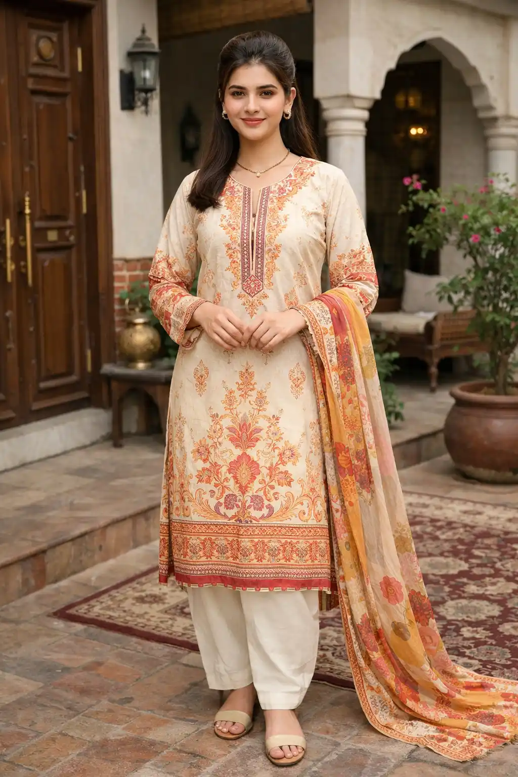 Cream embroidered lawn suit with rust floral dupatta elegant traditional Eid dress for girls