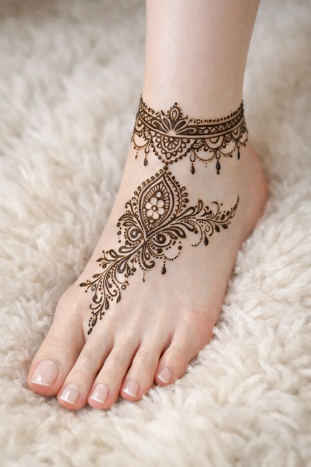 Leaf and paisley foot mehndi design with thin ankle band