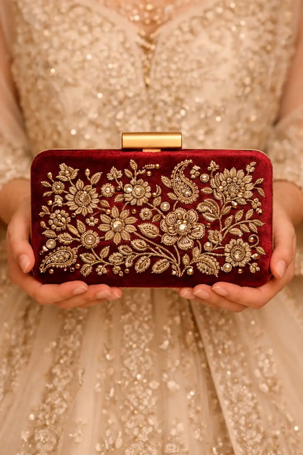Crimson velvet embroidered bridal clutch with gold floral threadwork rectangular luxury wedding purse