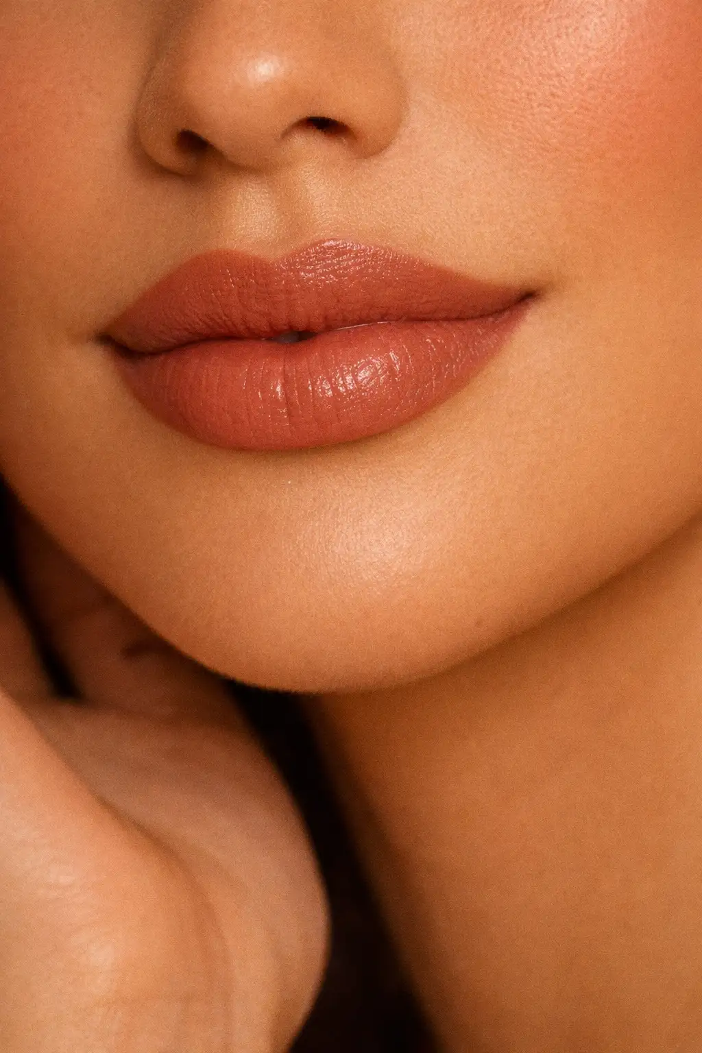 deep cocoa brown nude lipstick glossy rich brown lips on tan skin