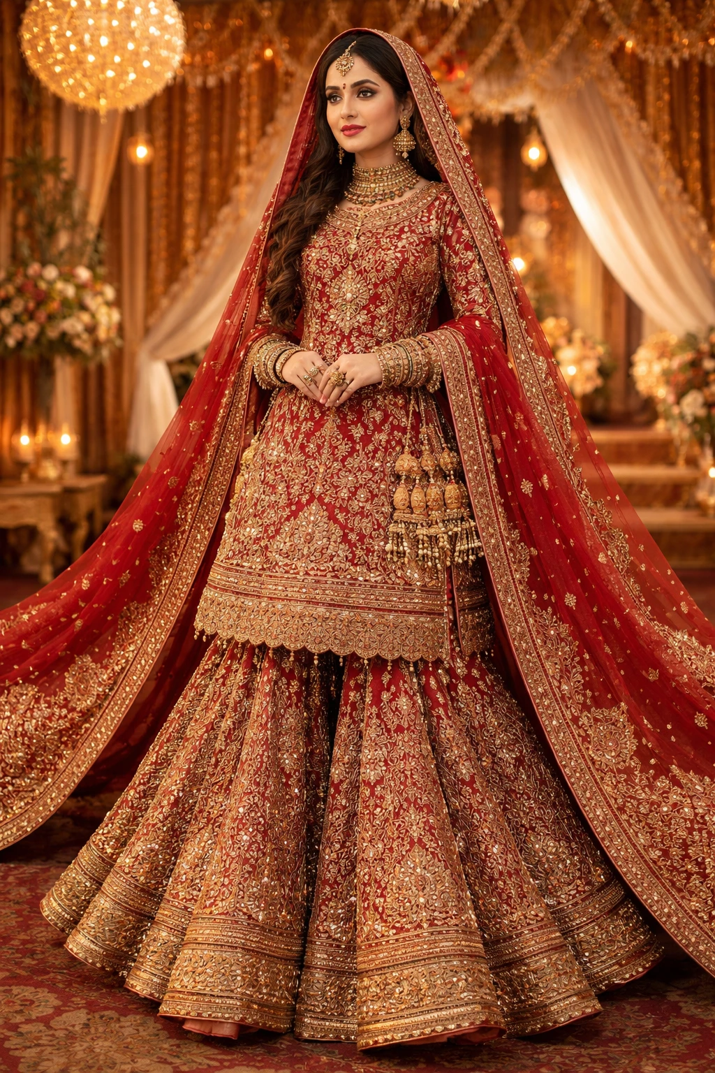 red and gold Pakistani bridal lehenga heavy embroidery classic dupatta traditional barat outfit