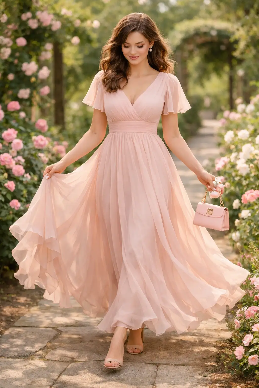 Woman walking in blush pink chiffon maxi dress flowy dreamy outdoor date outfit