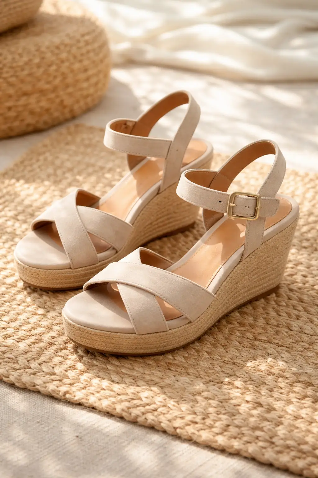 Beige wedge heel girls sandal with crisscross straps and ankle buckle
