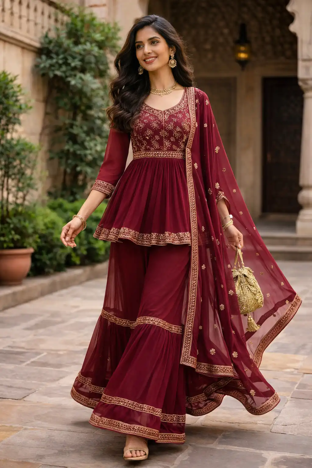 Wine red peplum style sharara set with gold embroidery